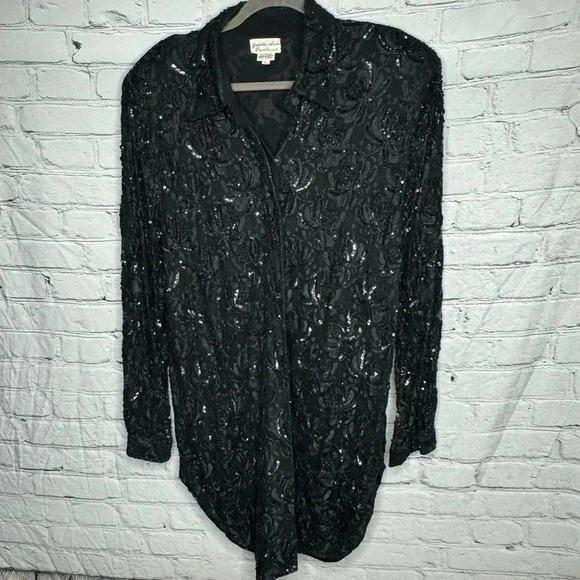 VINTAGE Judith Ann Collection Women’s Black Sequins Button Up Shirt size L - Picture 1 of 13